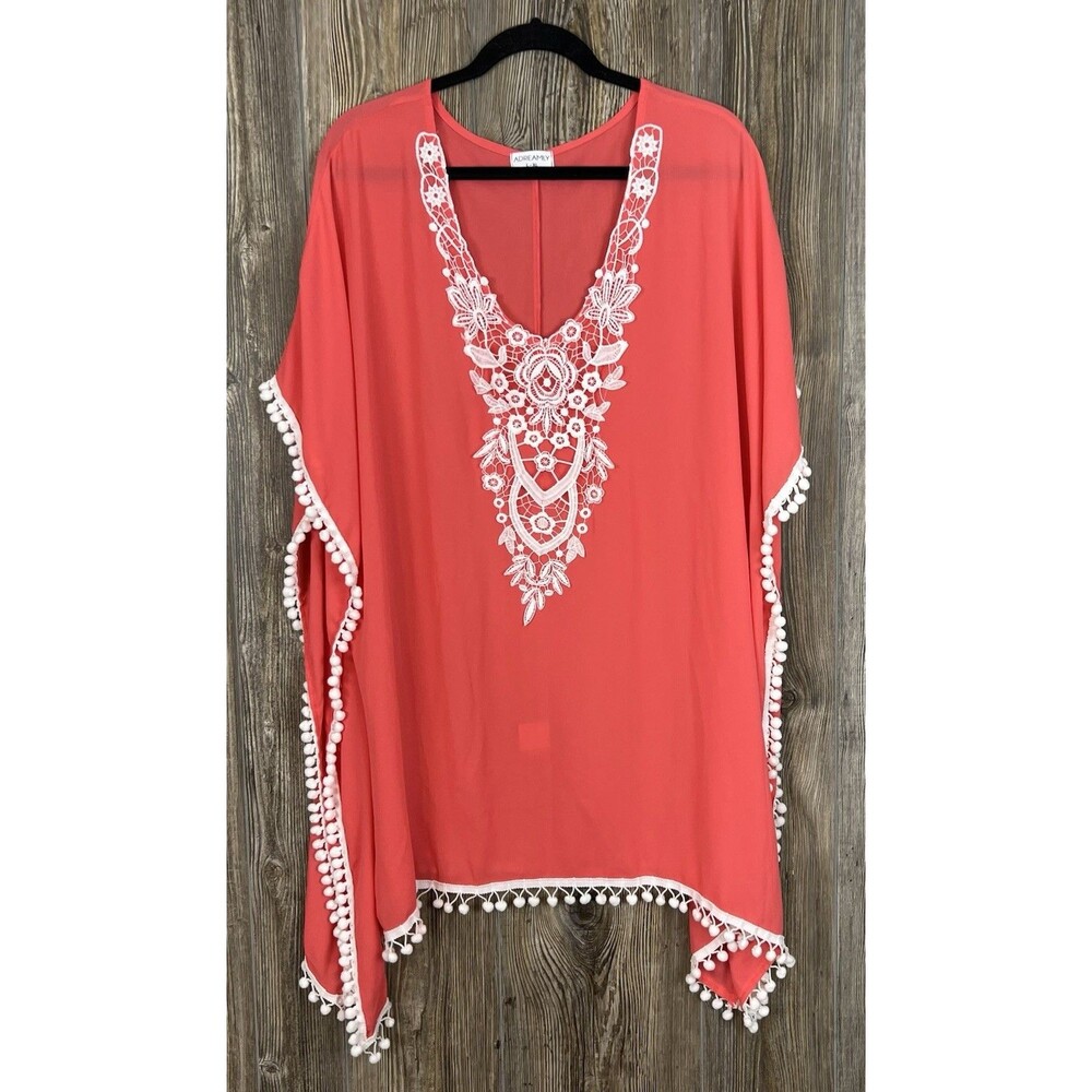 ADREAMLY Women's L/XL Orange Pom Pom Trim Kaftan Chiffon Beach Cover Up Boho